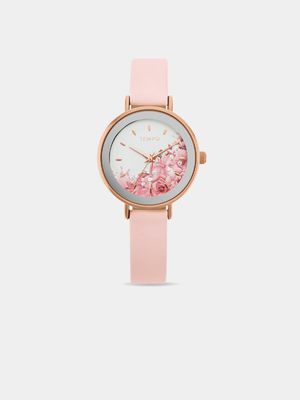 Tempo Ladies Rose Toned Pink Leather Watch With Floral Detail