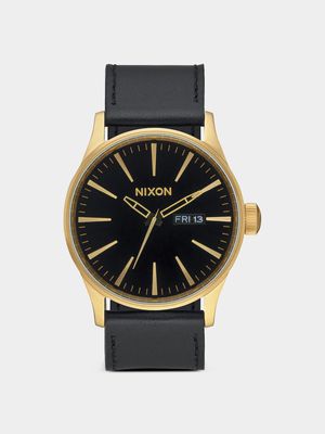 Nixon Men's Sentry Leather Gold Plated & Black Stainless Steel  Watch