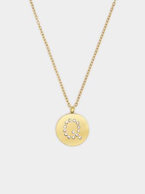 18ct Gold Plated Waterproof Stainless Steel CZ Q Initial on Disk Pendant