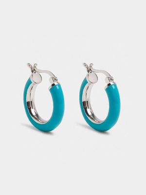 Rhodium Plated & Turquoise Enamel Brass  Hoop Earrings