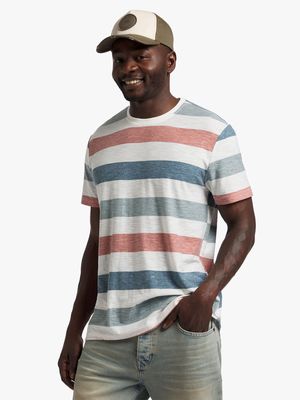 Men's Coral, Blue & White Striped T-Shirt
