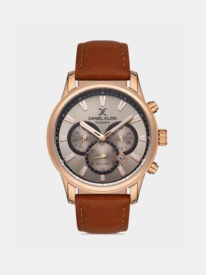 Daniel Klein Rose Plated Chronographic Brown Leather Watch