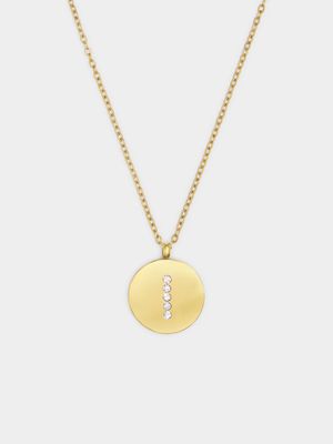 18ct Gold Plated Waterproof Stainless Steel CZ I Initial on Disk Pendant