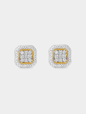 Yellow Gold 0.05ct Diamond Starlight Cushion Halo Stud Earrings