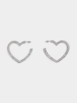Women's Silver Diamante Heart Hoop Earrings