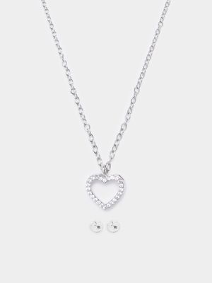 Women's Silver Heart Necklace & Earrings Set