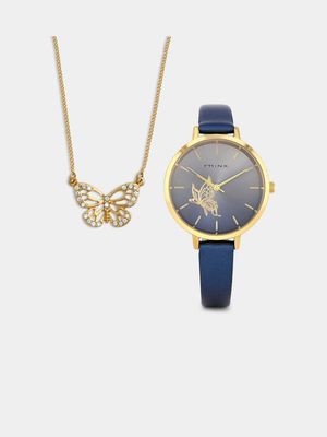 Minx Women’s Gold Plated Navy Faux Leather Watch & Butterfly Necklet Set