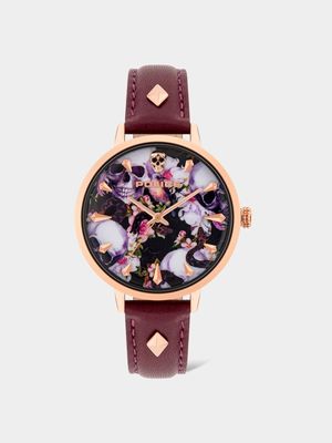 Police Miona Floral Gold Plated & Maroon Leather Watch