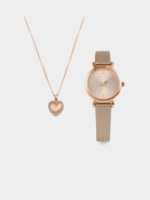 Minx Women’s Rose Plated Sand Faux Leather Watch & Heart Pendant Set
