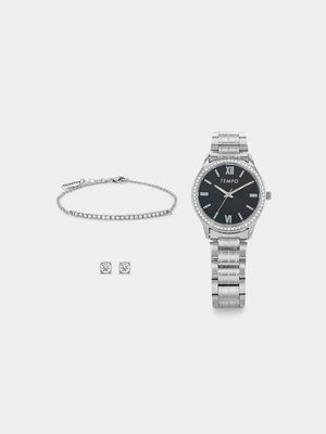 Tempo Silver Plated Bracelet Watch, Earrings & Bracelet Set