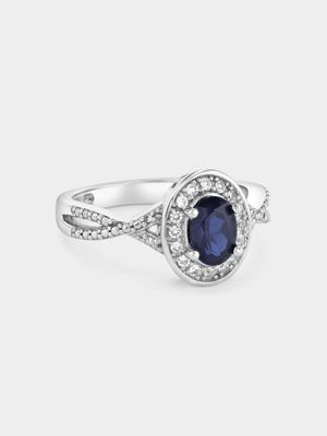 Sterling Silver Diamond & Created Blue Sapphire Oval Infinity Ring