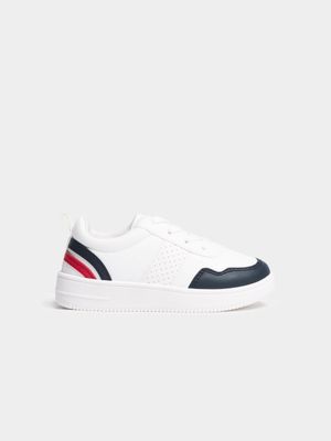 Younger Boy's White, Navy & Red Sneakers