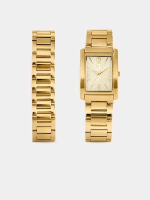 Tempo Men’s Gold Plated & Champaign Dial Rectangle Bracelet Watch Set