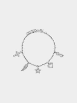 Sterling Silver Cubic Zirconia Hope, Faith & Love Charm Bracelet