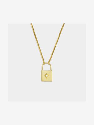 18ct Gold Plated Lock with star set CZ pendant on curb chain