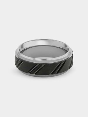 Tungsten Black Plated Men’s Diagonal Groove Ring