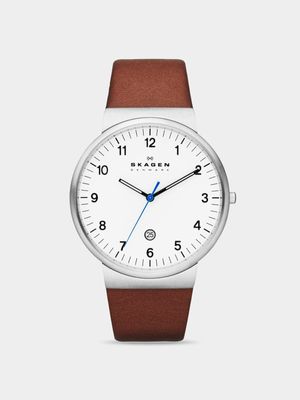 Skagen Men's Ancher Silver Plated Stainless Steel & Brown Leather Watch
