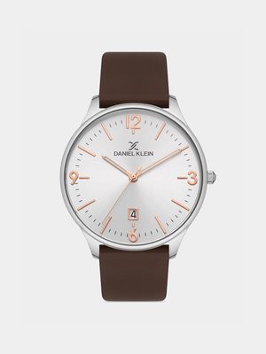 Daniel Klein Silver Plated White Dial Brown Leather Watch