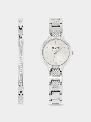 Tempo Ladies Silver Plated Watch & Bangle Set