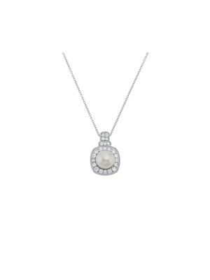 Sterling Silver Freshwater Pearl & Cubic Zirconia Halo Cushion Pendant