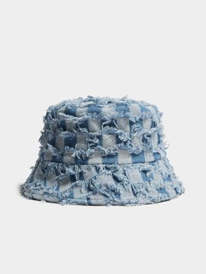 Men's Light Wash Frayed Denim Bucket Hat