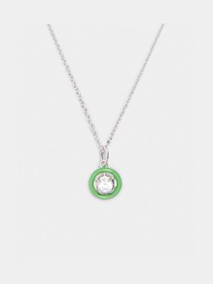 Rhodium Plated Brass Chain with CZ & Green Enamel Pendant