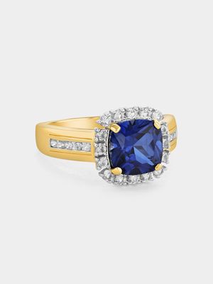 Yellow Gold Diamond & Created Blue Sapphire Cushion Halo Ring