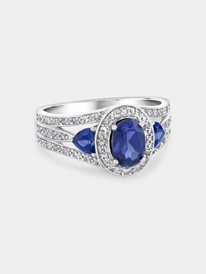 Sterling Silver Diamond & Created Blue Sapphire Oval Halo Ring