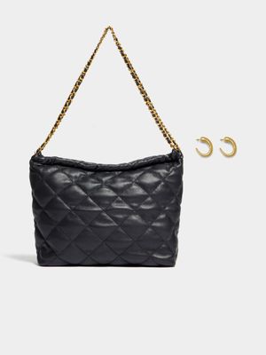 Chain Detail Black Tote Handbag & Earring Set