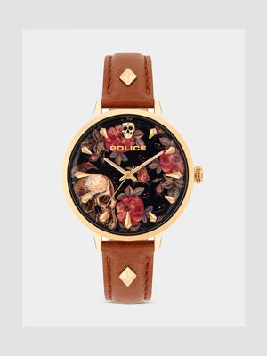 Police Women's Gold Plated Stainless Steel & Brown Leather Watch