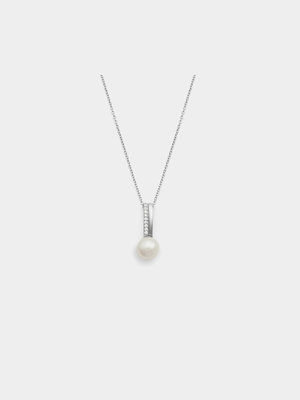 Sterling Silver Freshwater Pearl & Cubic Zirconia Bar Pendant