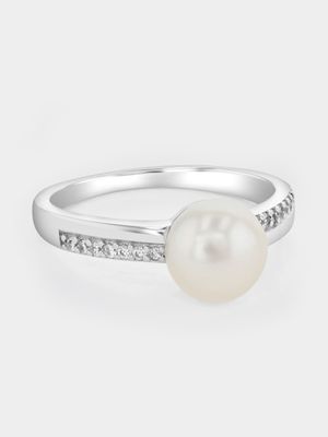 Sterling Silver Freshwater Pearl Cubic Zirconia Bar Ring