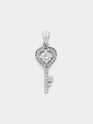 Sterling Silver Cubic Zirconia Heart Key Pendant Off Chain