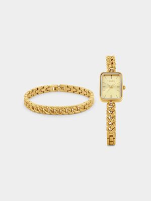 Tempo Gold Plated Rectangle Bracelet Watch & Bracelet Set