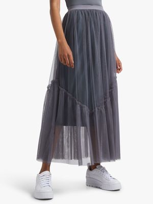 Women's Charcoal Asymmetrical Tulle Skirt