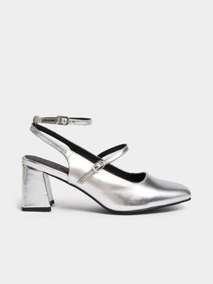 Women's Silver Strappy Mary Jane Heels