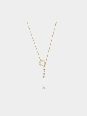 18ct Gold Plated CZ Star & Moon Dangling Necklace