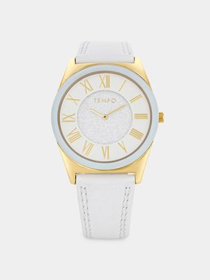 Tempo Women’s Gold Plated White Leather Watch