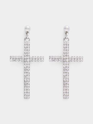 Women's Silver Diamante Cross Drop Earrings