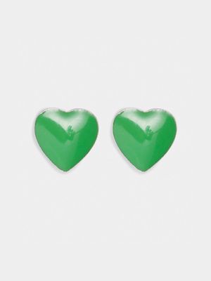 Rhodium Plated Brass & Green Enamel Heart Stud Earrings
