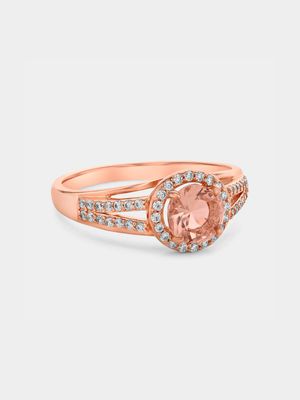 Rose Plated Sterling Silver Morganite Peach Cubic Zirconia Round Halo Ring