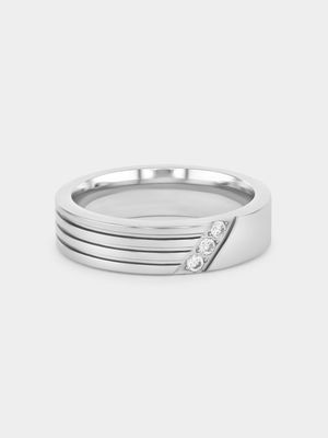 Stainless Steel Cubic Zirconia Diagonal Grooves Ring
