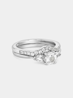 Sterling Silver Diamond & Sterling Silver Solitaire Pear Duo Twinset Ring
