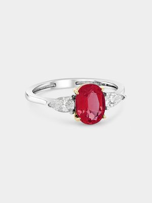 White & Yellow Gold Lab Grown Ruby & Moissanite Women’s Oval Trilogy Ring