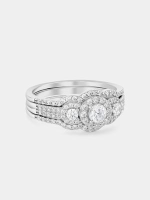 Sterling Silver Cubic Zirconia Round Halo Trilogy Triple Set Ring
