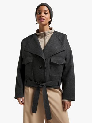 Women's Charcoal Melton Belted Jacket