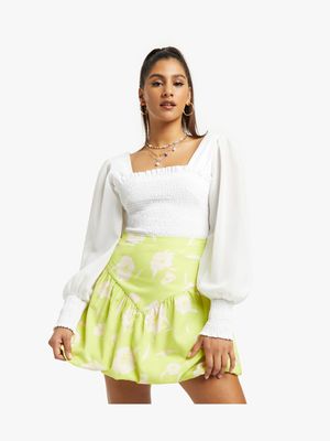 Women's Green and White Leaf Print Bubble Mini Skirt