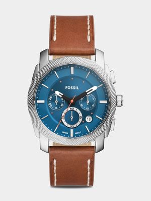 Fossil Machine Blue Dial Brown Leather Chronograph Watch