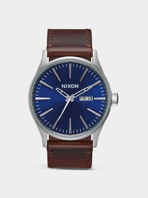 Nixon Men's Sentry Leather Blue & Brown Stainless Steel Watch