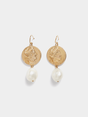 18ct Gold Plated Coin & Pearl Drop Earrings